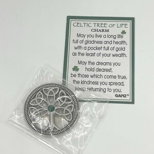 GANZ Celtic Tree Of Life Luck Blessing Pocket Charm NEW Green Stone Silver Tone